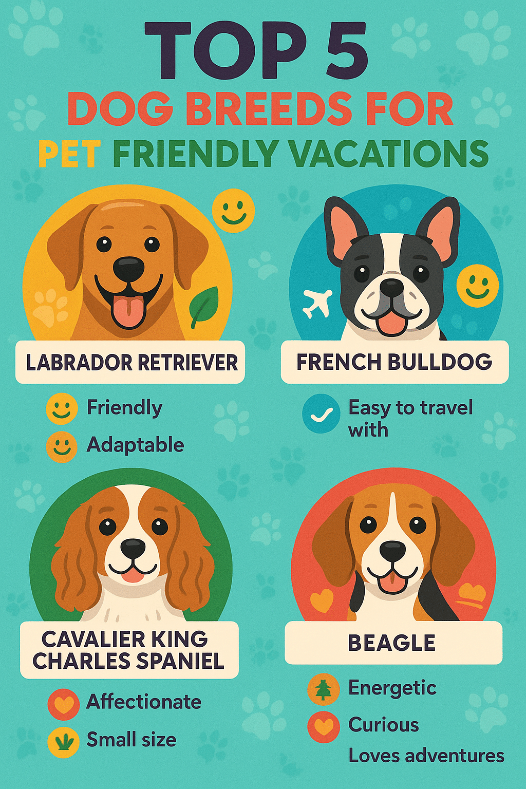 Infographic showing top dog breeds ideal for pet friendly vacations with key traits and travel tips