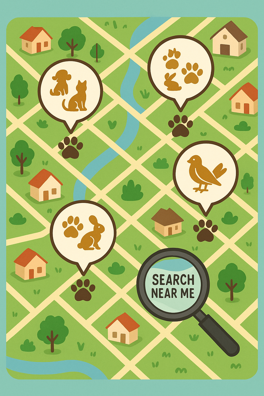 Interactive map showing pet adoption near me locations with various available pets and community lan