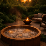 Inviting backyard hot tub glowing at sunset surrounded by decking and greenery for backyard hot tub ideas.