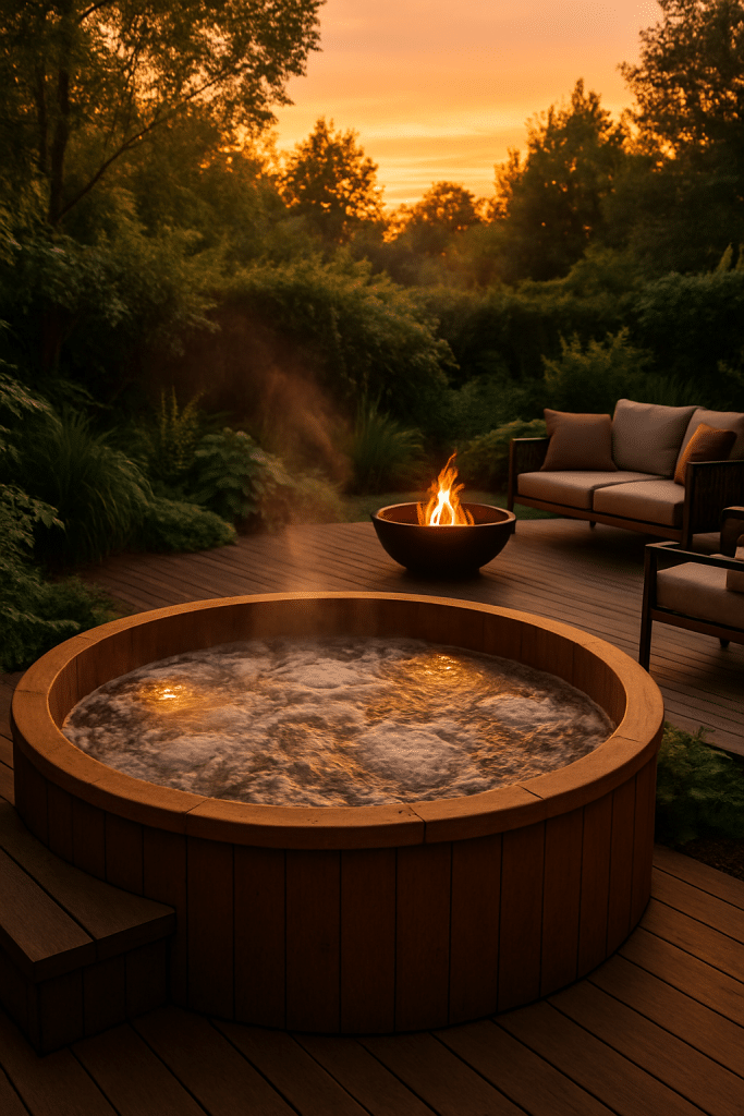 Inviting backyard hot tub glowing at sunset surrounded by decking and greenery for backyard hot tub ideas.