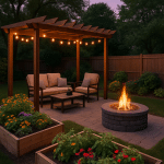 Inviting backyard with pergola, garden beds, seating, and fire pit illustrating backyard makeover ideas.