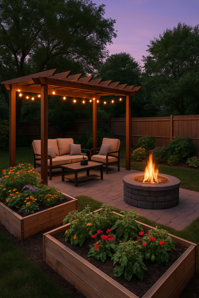 Inviting backyard with pergola, garden beds, seating, and fire pit illustrating backyard makeover ideas.