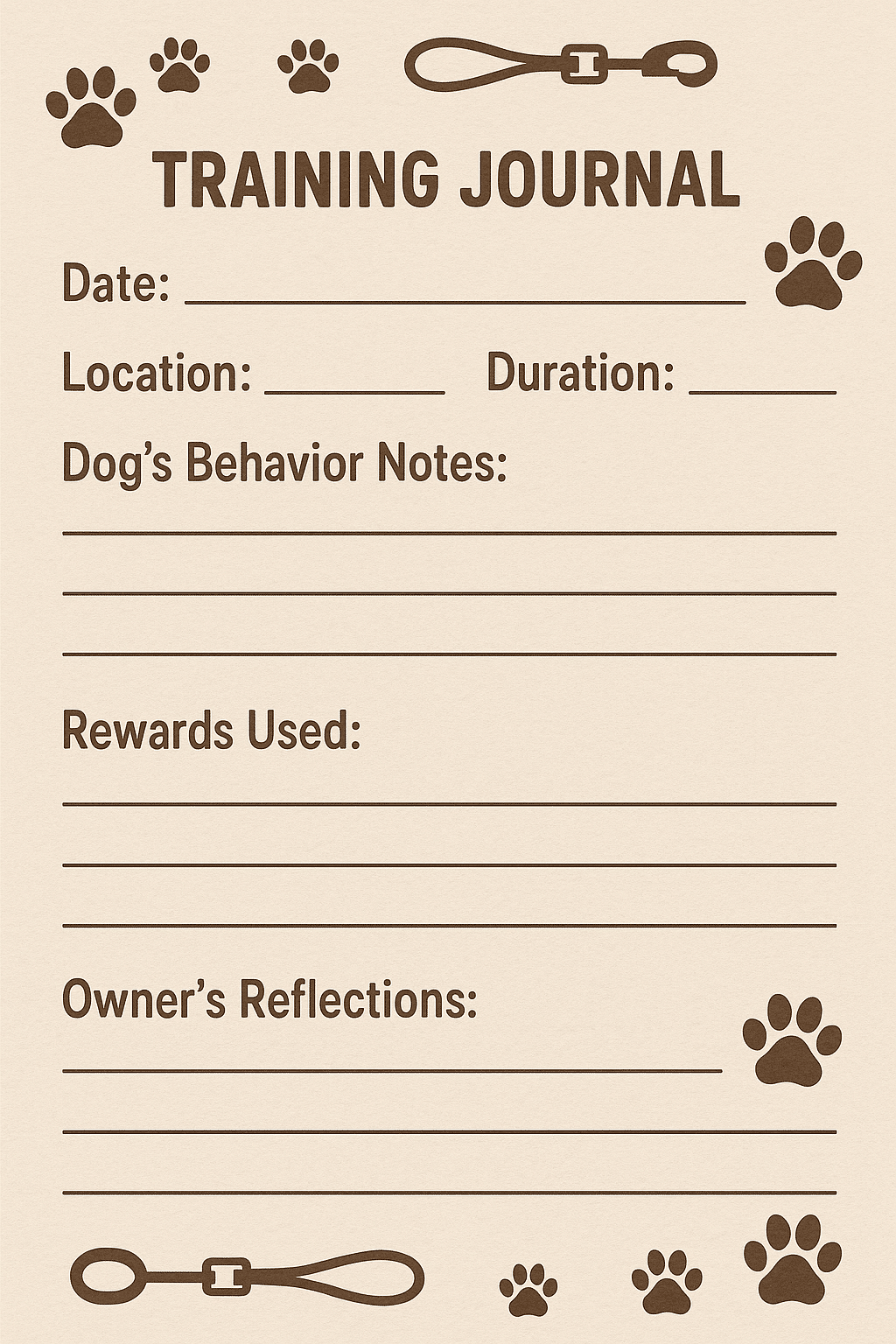 Leash training a dog progress journal template with sections for tracking behavior and rewards