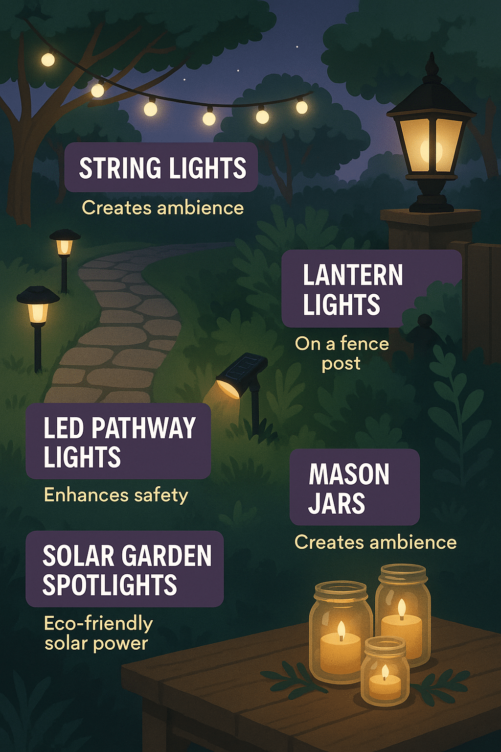 Lighting options infographic for backyard makeover ideas featuring string lights lanterns and sola