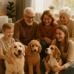 Loving family with best family dogs happily interacting in a cozy home environment