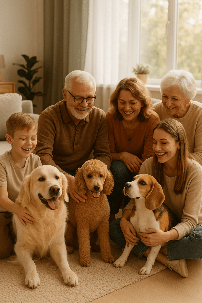 Loving family with best family dogs happily interacting in a cozy home environment