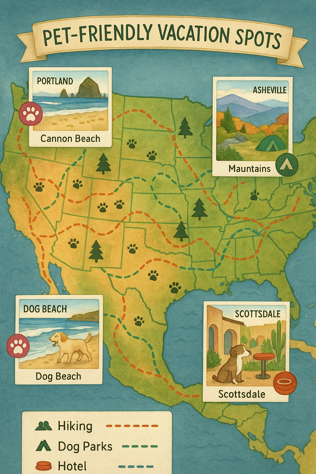 Map highlighting top USA destinations and pet friendly vacations spots with pet activities