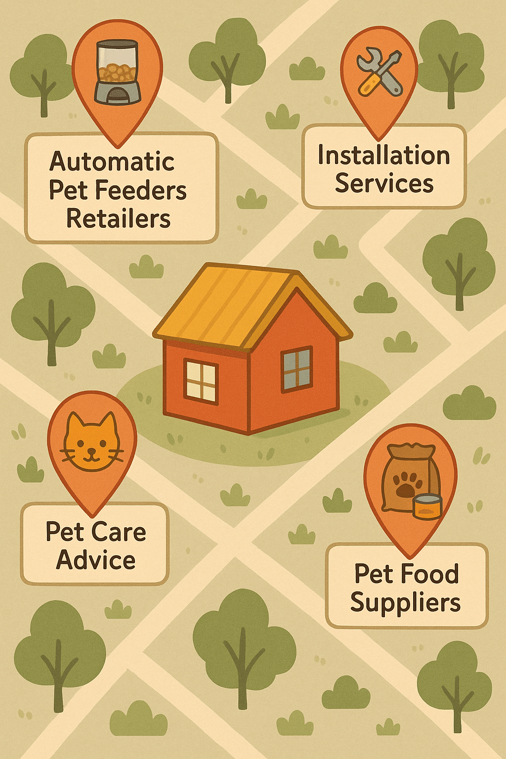 Map of local pet services related to automatic pet feeders for owners
