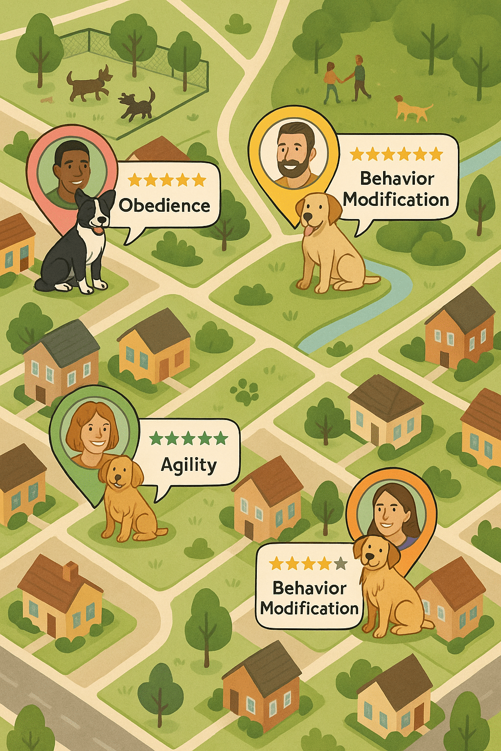 Map showing best dog trainers near me with ratings locations and specialties for pet owners