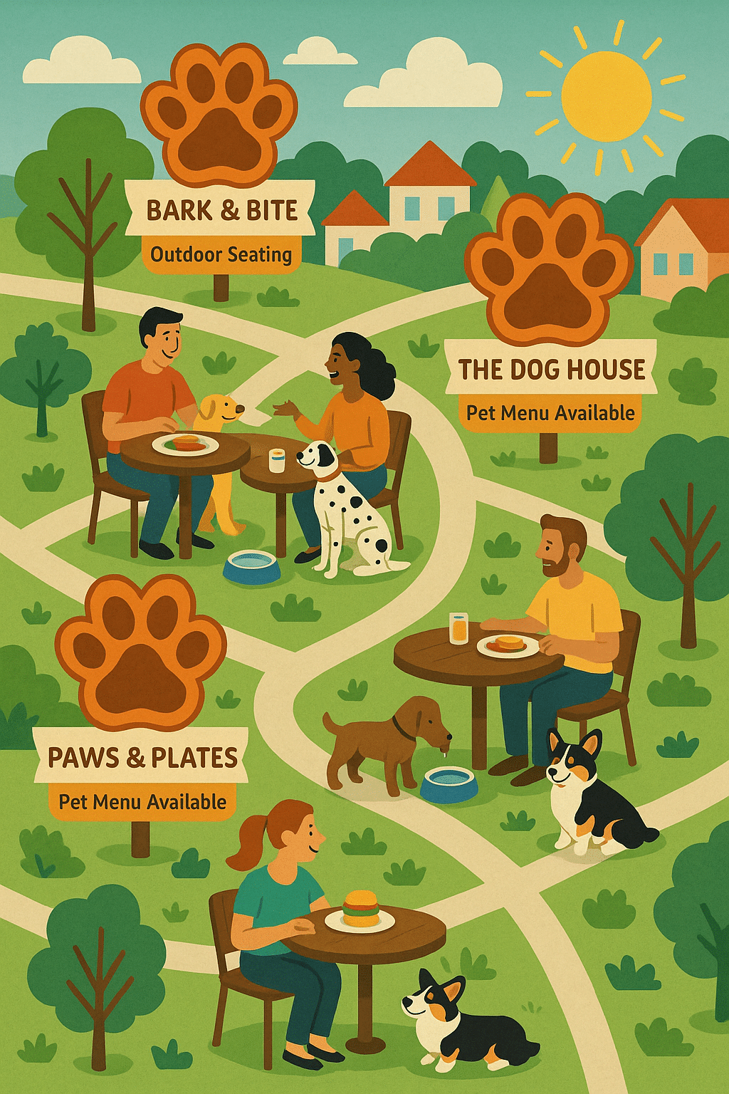 Map showing pet friendly restaurants near me with paw print icons and outdoor dining scenes