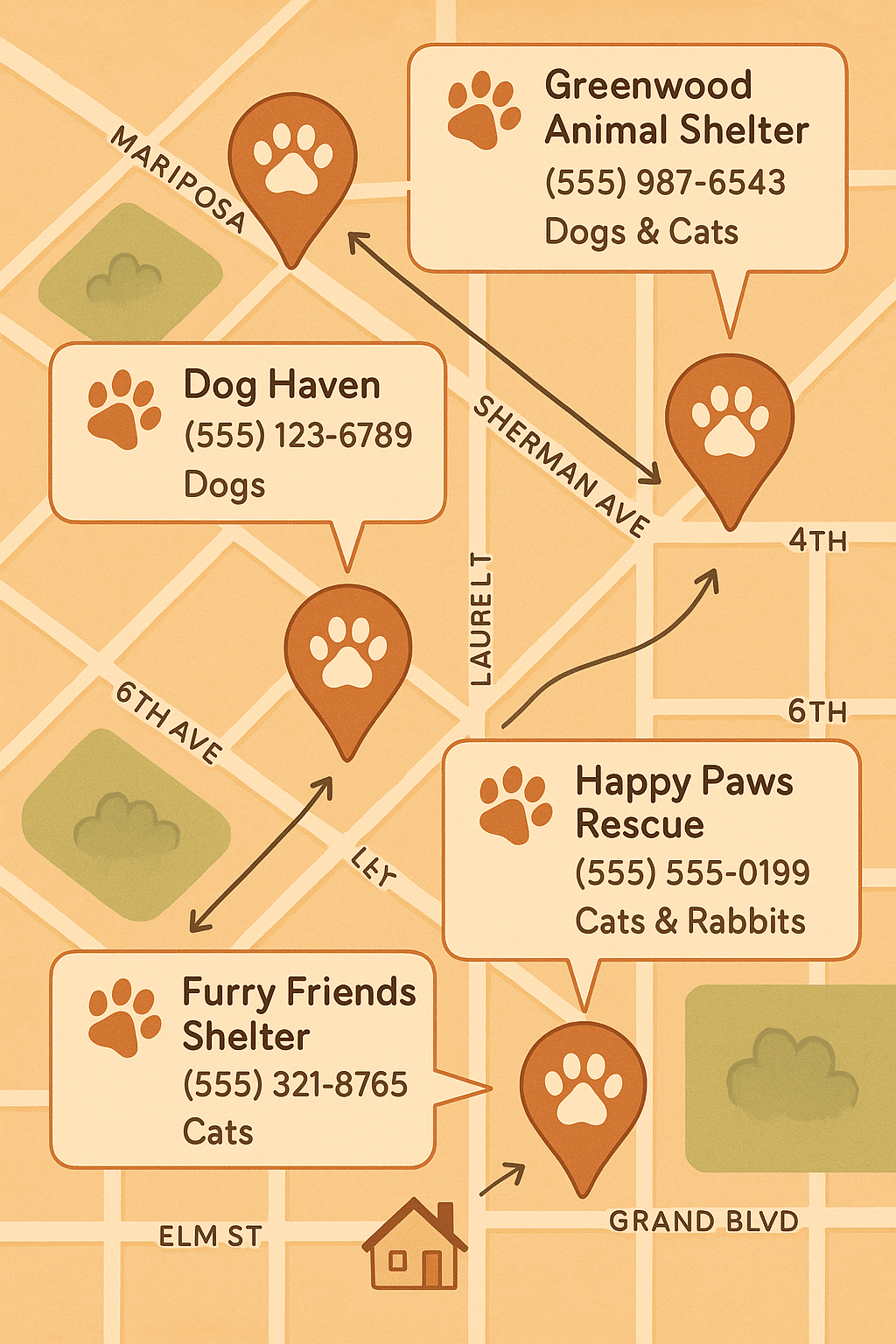 Map showing pet shelters near me highlighted with paw icons and location details