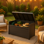 Modern outdoor storage solutions bench in inviting backyard setting for homeowners