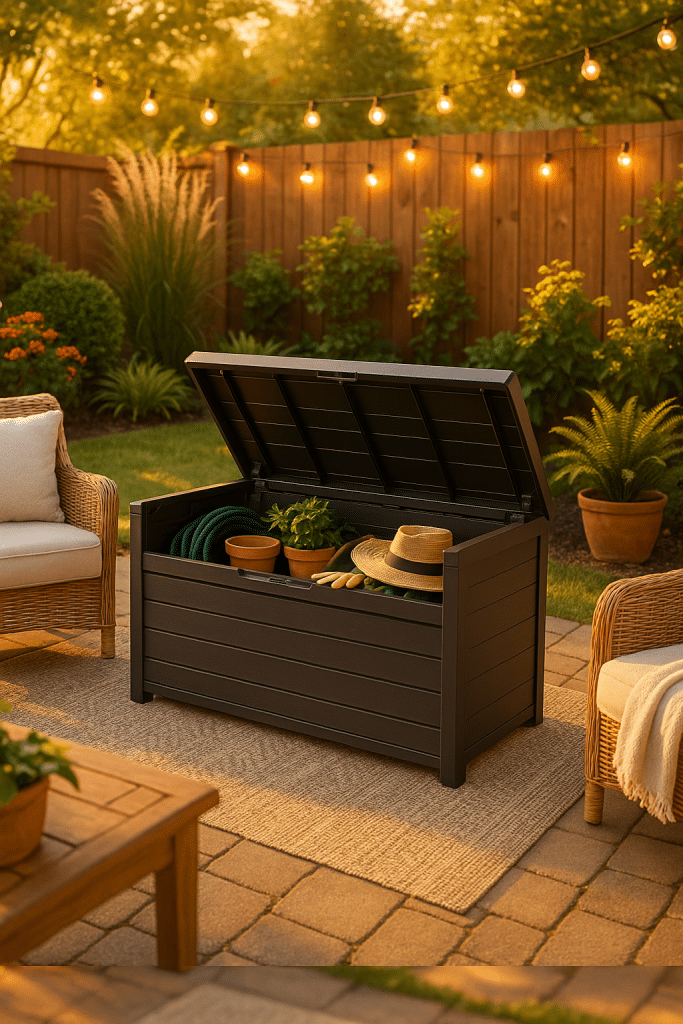 Modern outdoor storage solutions bench in inviting backyard setting for homeowners