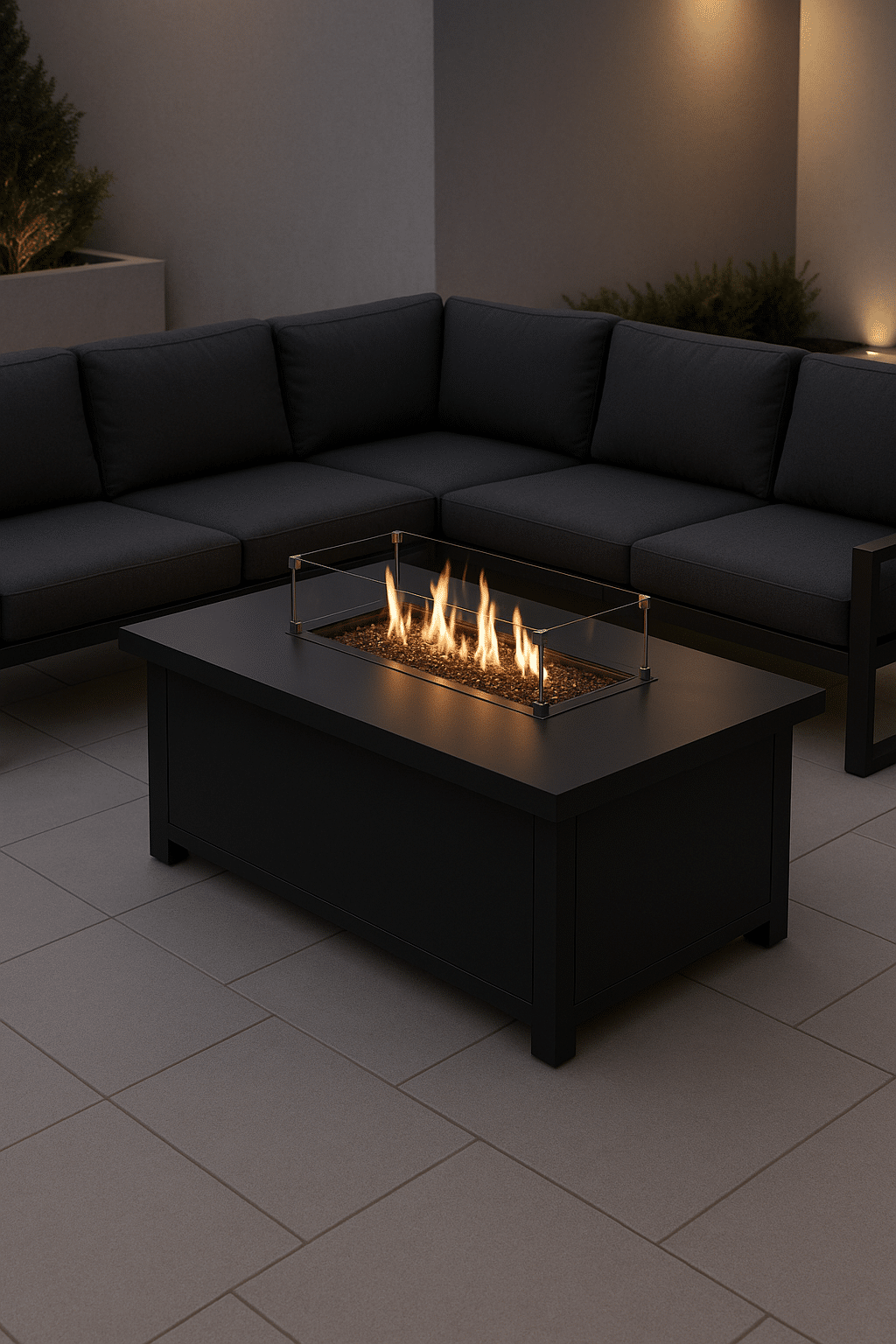 Modern rectangular metal fire pit table on a minimalist patio with integrated seating