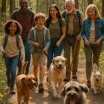 Multi-generational family hiking with dogs on scenic dog friendly hiking trails in a forest