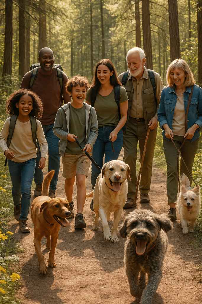 Multi-generational family hiking with dogs on scenic dog friendly hiking trails in a forest