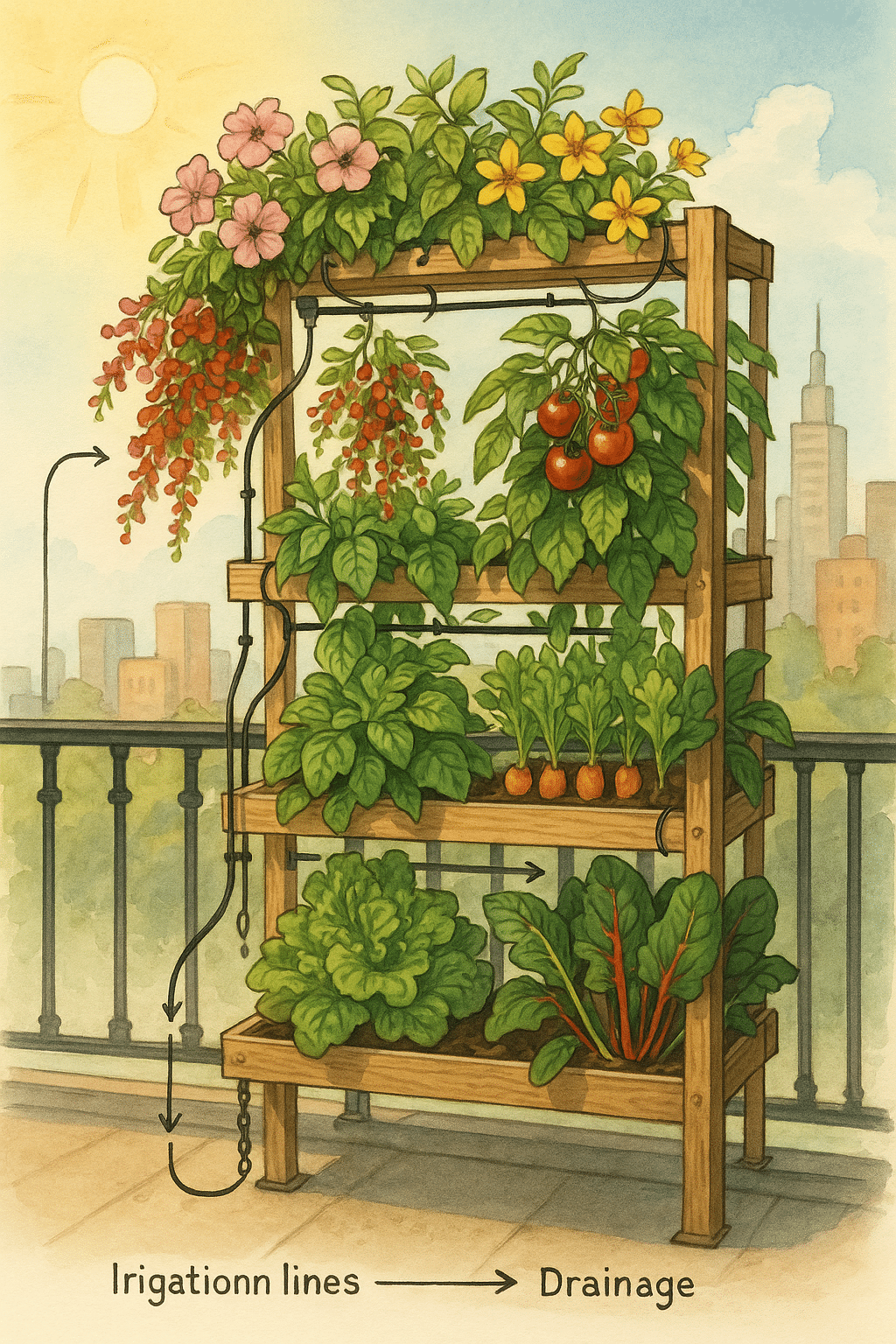 Multi tiered vertical garden with flowering plants and vegetables for balcony garden ideas