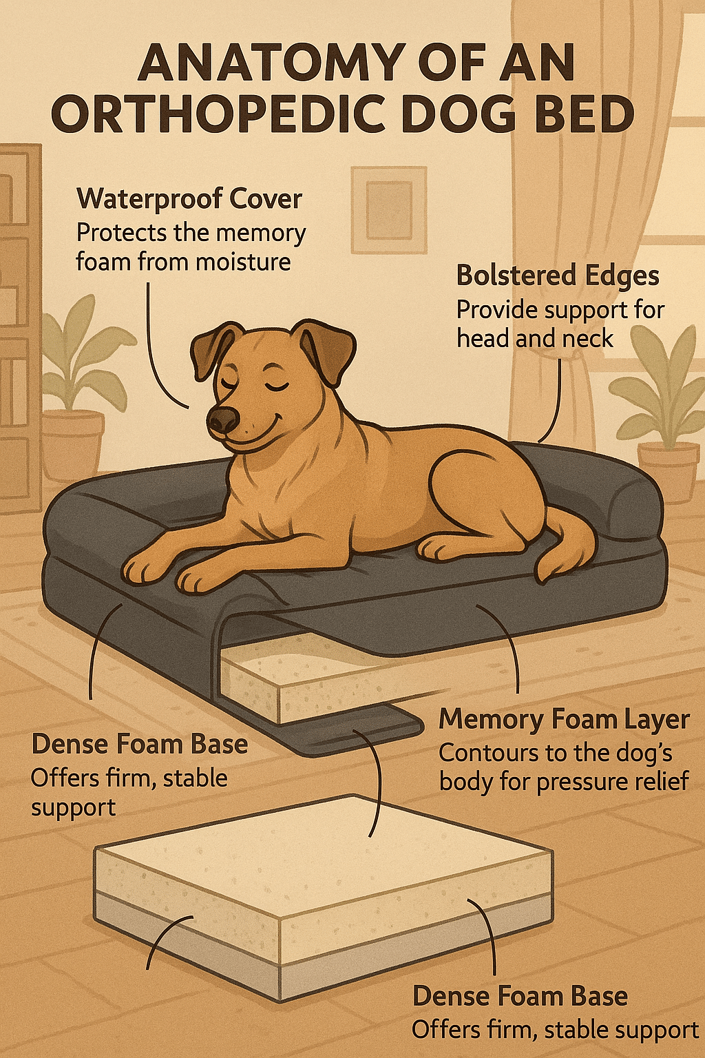 Orthopedic best dog beds features memory foam bolsters waterproof cover labeled diagram