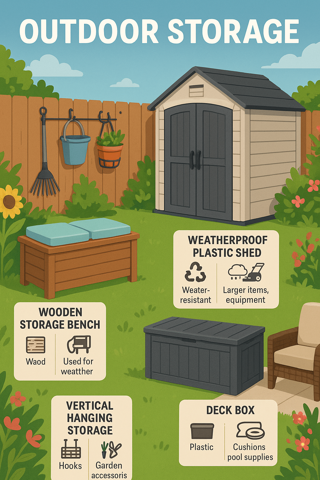 Outdoor storage solutions infographic with bench shed vertical storage and deck box in a backyard
