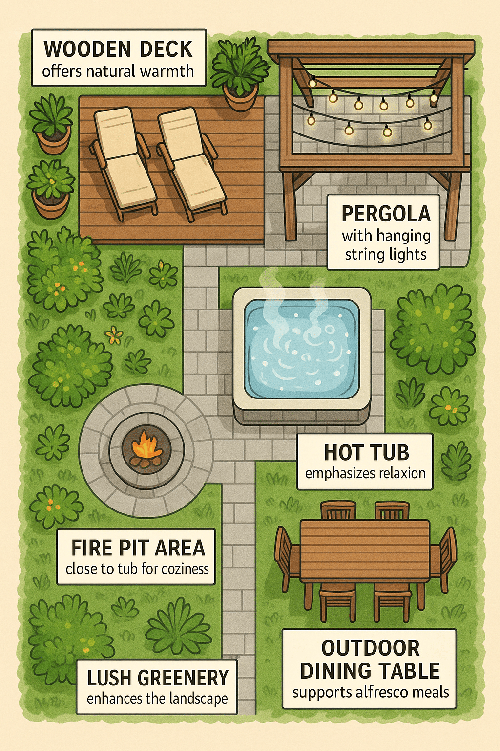 Overhead backyard layout showcasing creative backyard hot tub ideas with deck pergola fire pit an