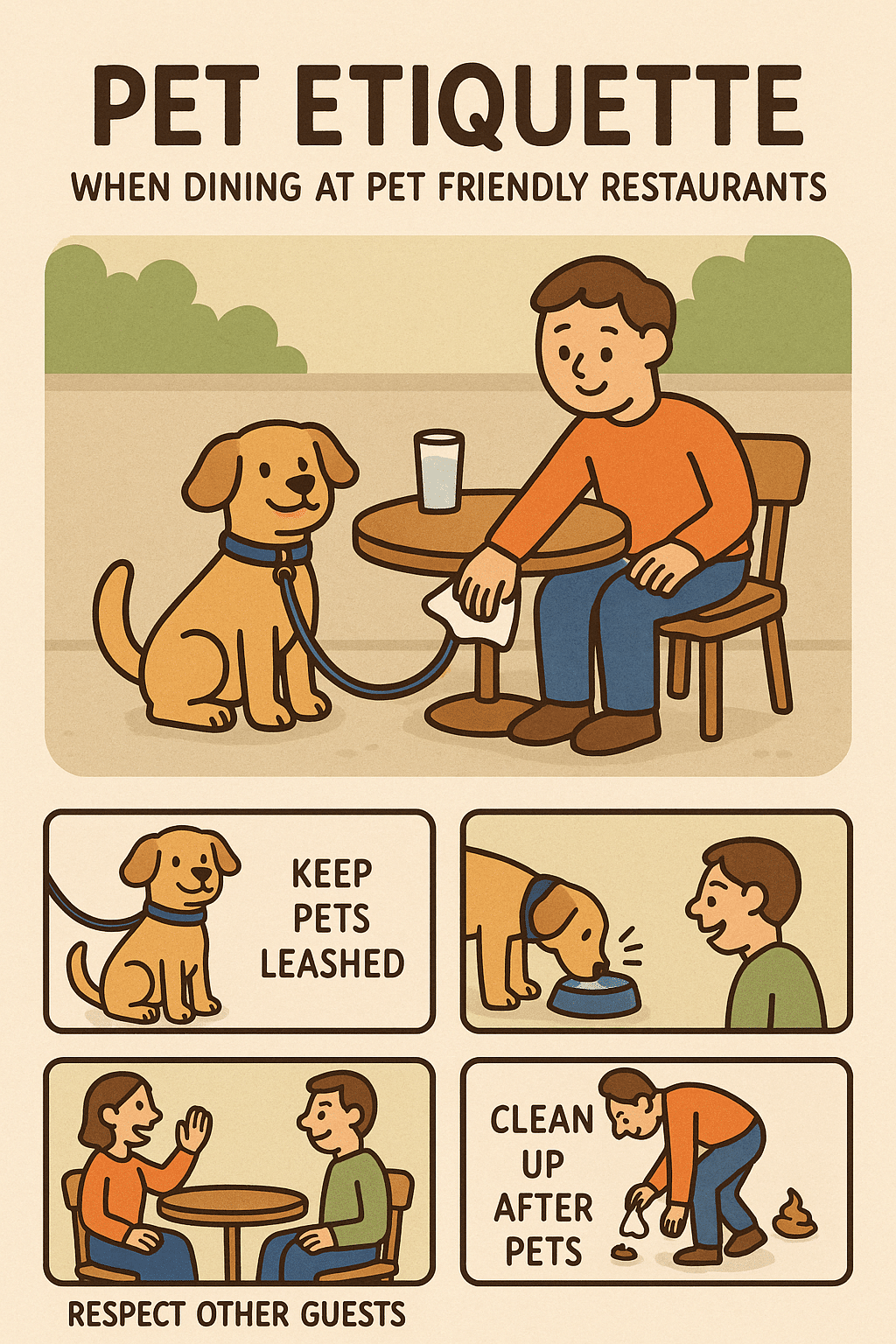 Pet etiquette guide for pet friendly restaurants near me with leash water bowls and cleanup tips