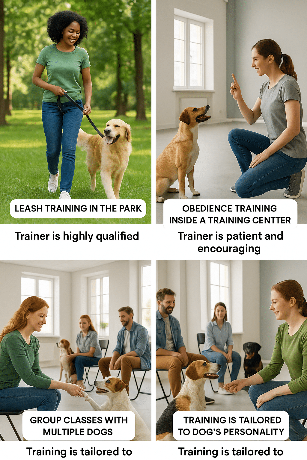 Photo collage of best dog trainers near me working with happy dogs and owners in various training se