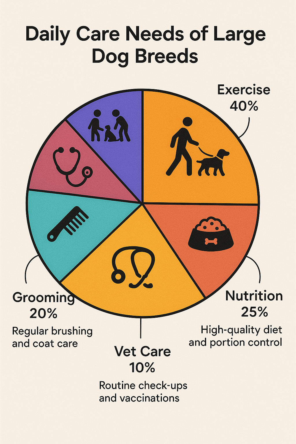 Pie chart illustrating daily care proportions for large dog breeds tailored to families and pet owne