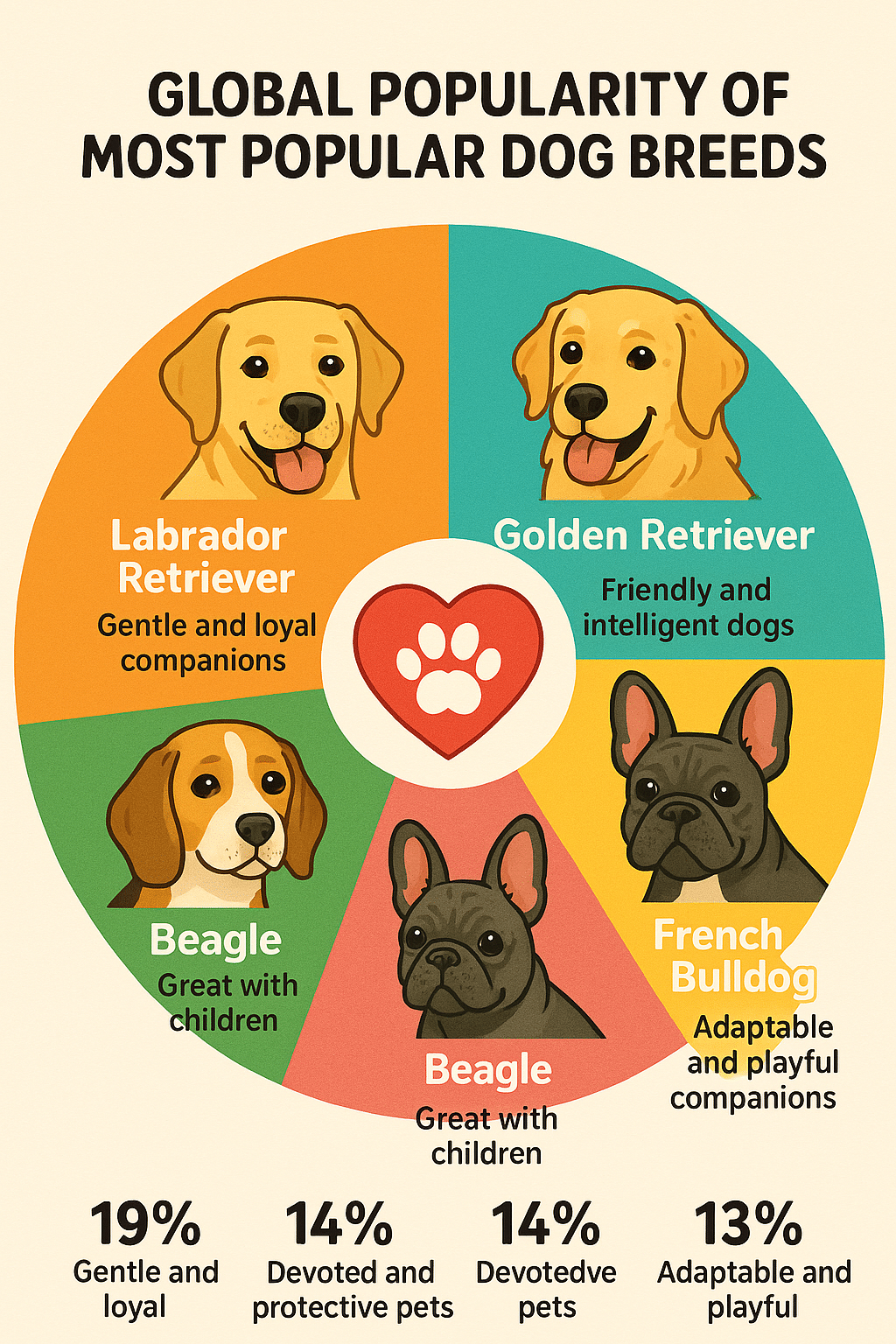 Pie chart showing global popularity percentages of most popular dog breeds