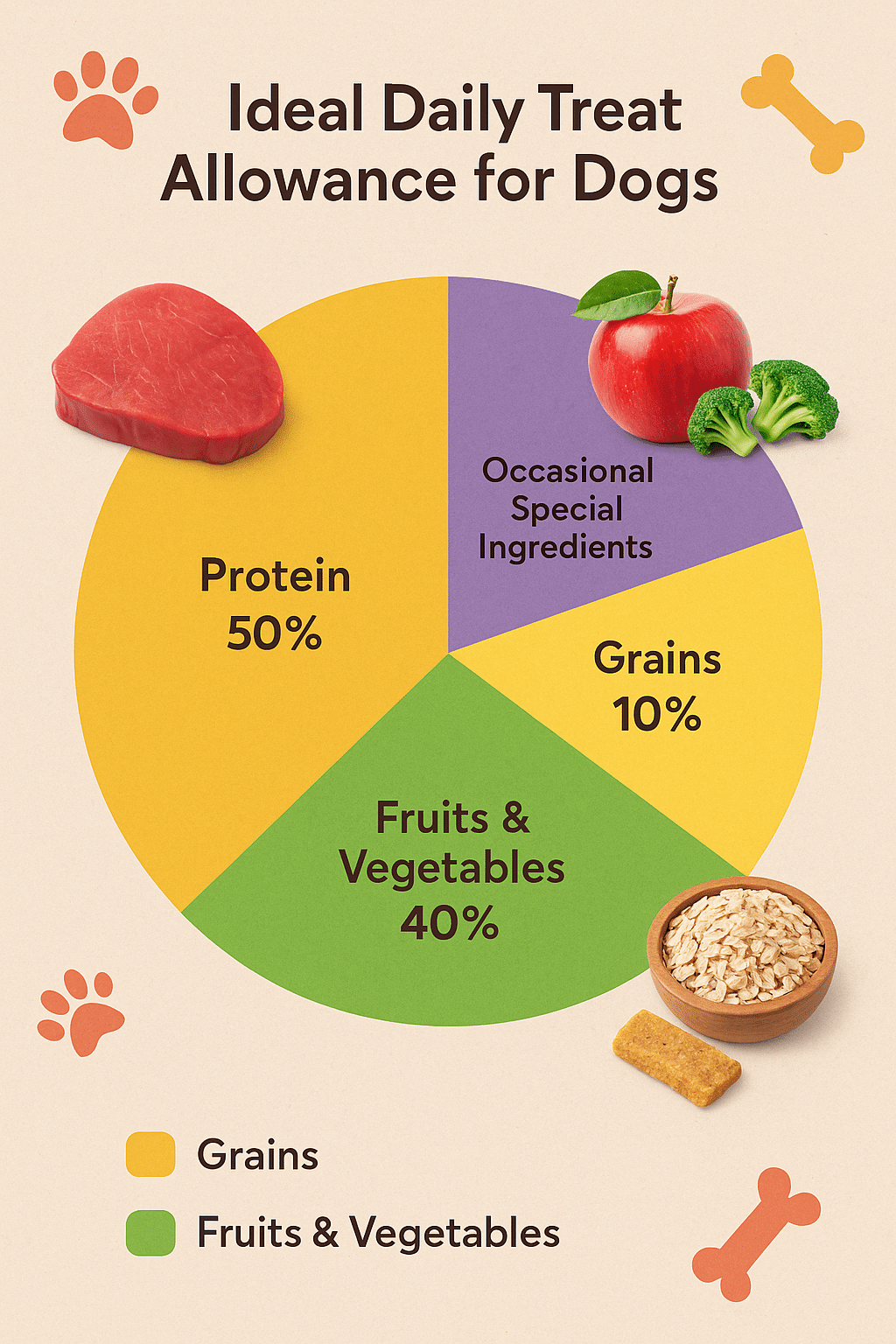 Pie chart showing ideal daily portion parts for healthy dog treats in dog diet