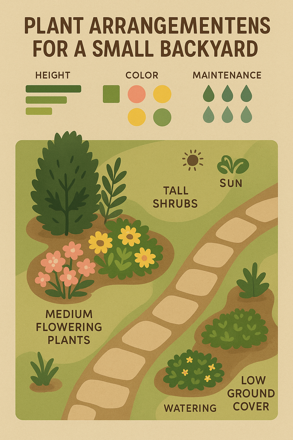 Plant arrangement map for small backyard design showing layering by height color and care needs