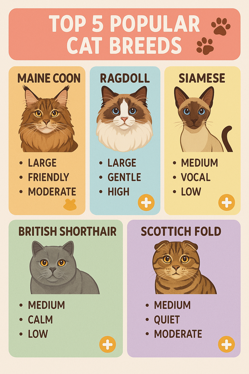 Popular cat breeds infographic showing traits and training tips for Maine Coon Ragdoll Siamese Br