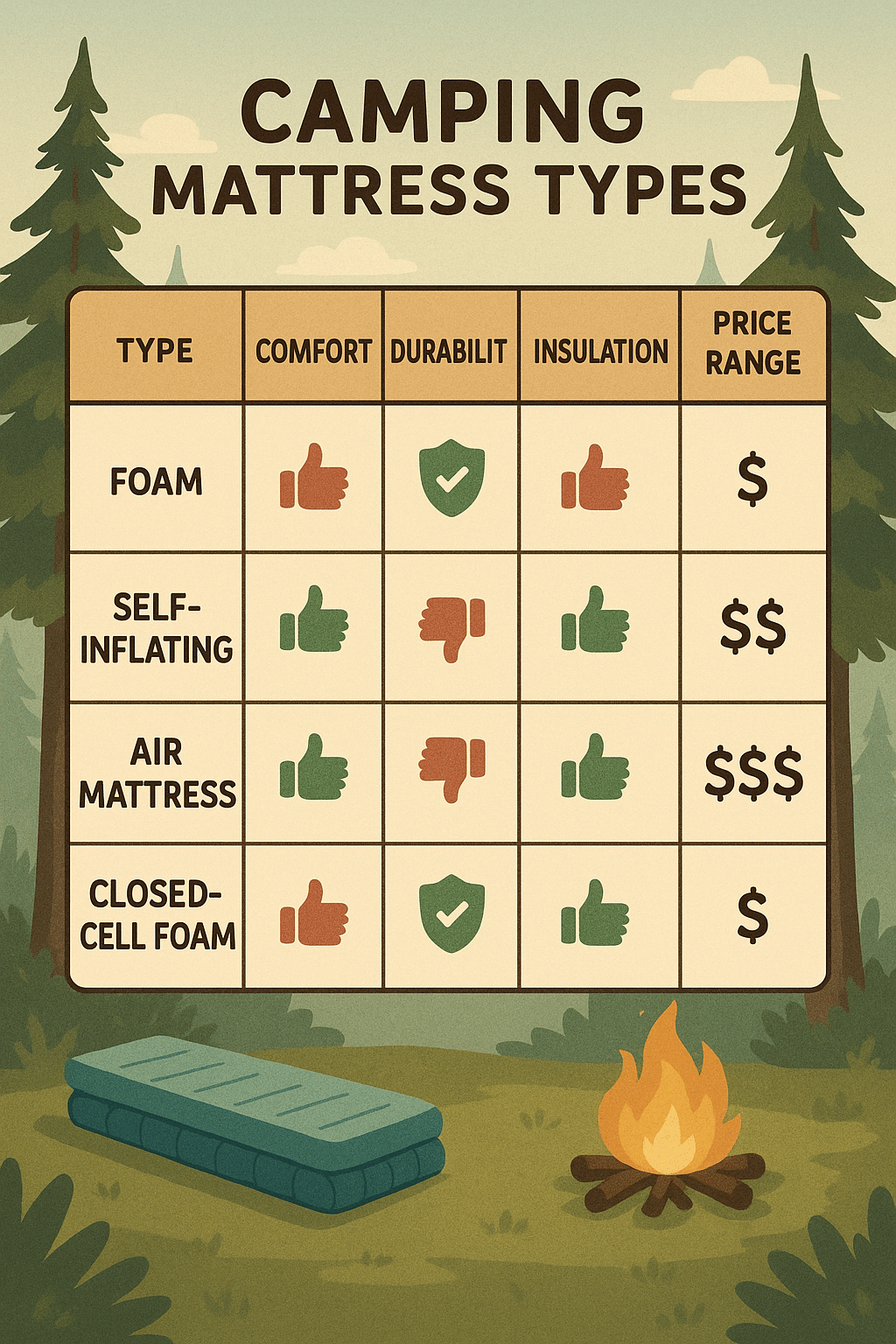 Pros and cons infographic comparing features of best camping mattresses for outdoor use