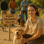 Puppy training near me professional trainer with happy puppy in local park setting