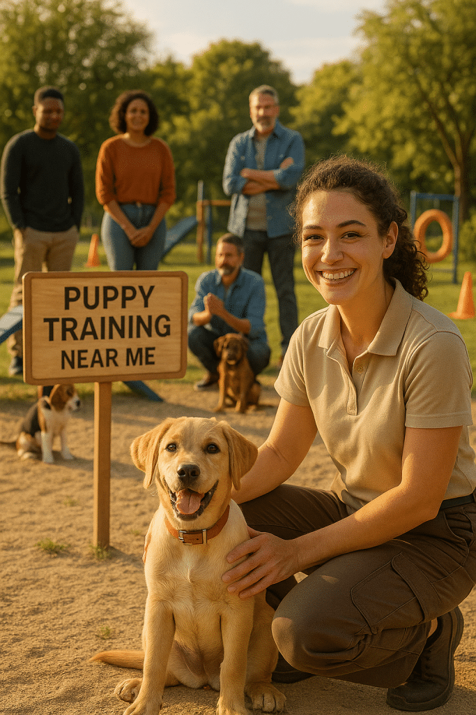 Puppy training near me professional trainer with happy puppy in local park setting