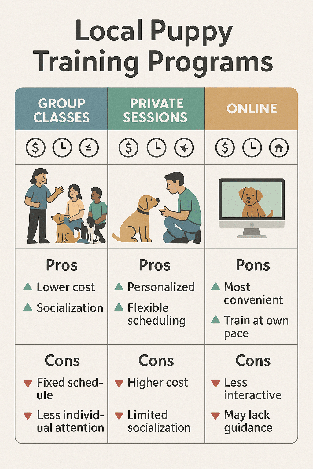 Puppy training near me program types comparison chart with pros and cons for pet owners