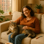 Relaxed affectionate cat in apartment living room symbolizing best cats for apartments.