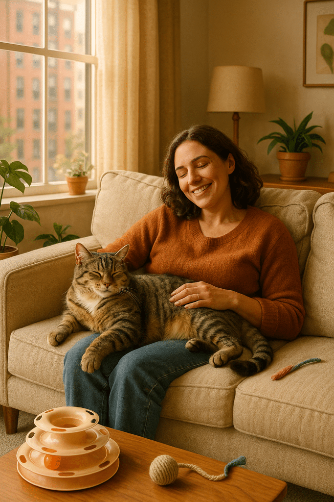 Relaxed affectionate cat in apartment living room symbolizing best cats for apartments.