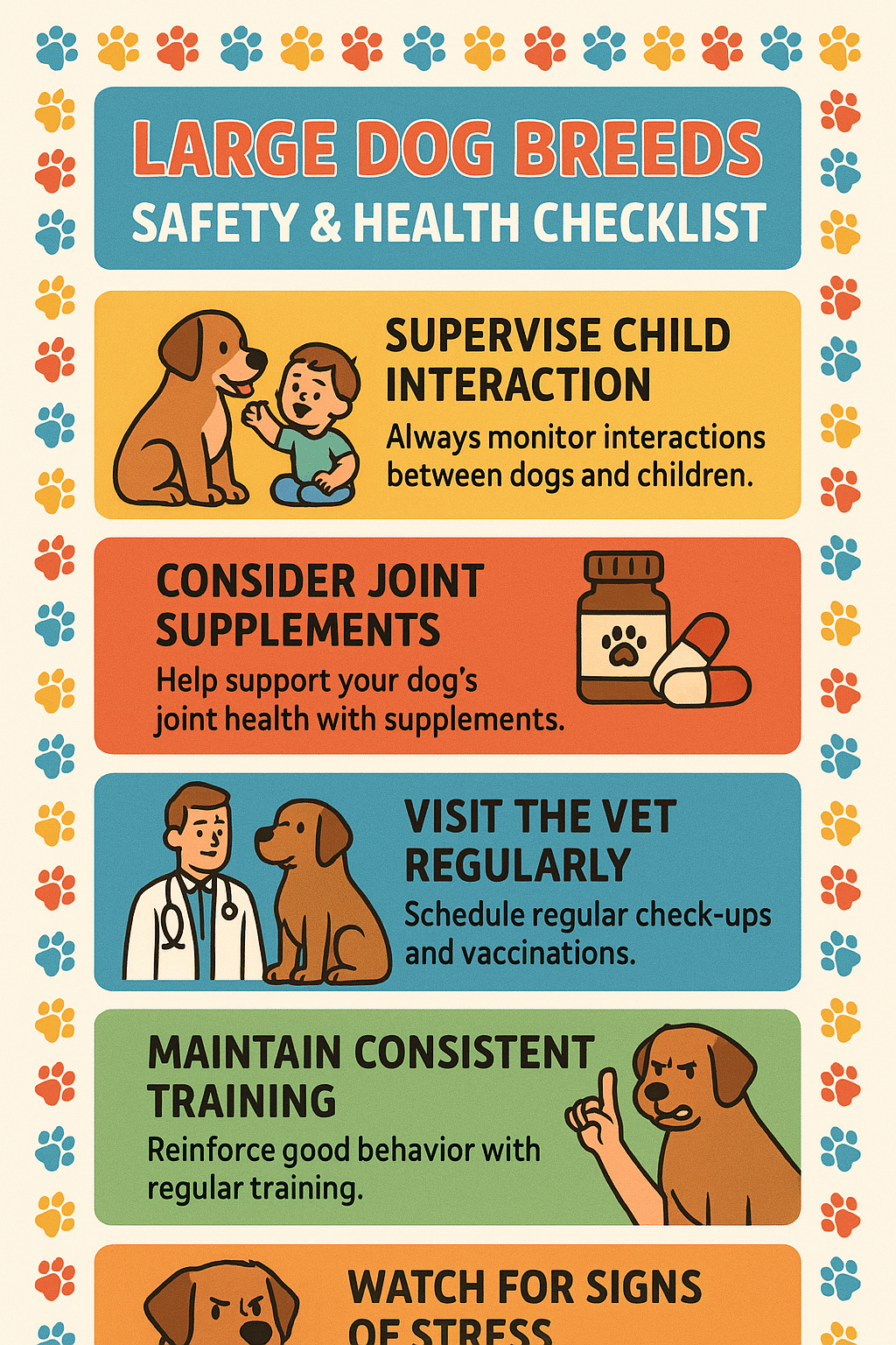Safety and health checklist infographic for large dog breeds aimed at families and pet owners