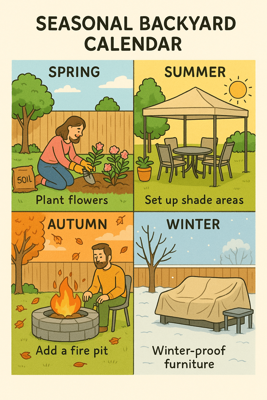 Seasonal backyard calendar with practical backyard design ideas for year round outdoor living