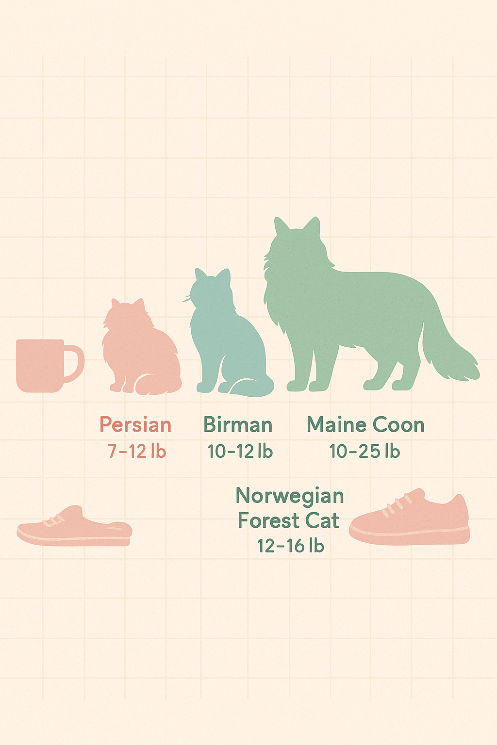 Size comparison of long haired cat breeds with household items for family guidance