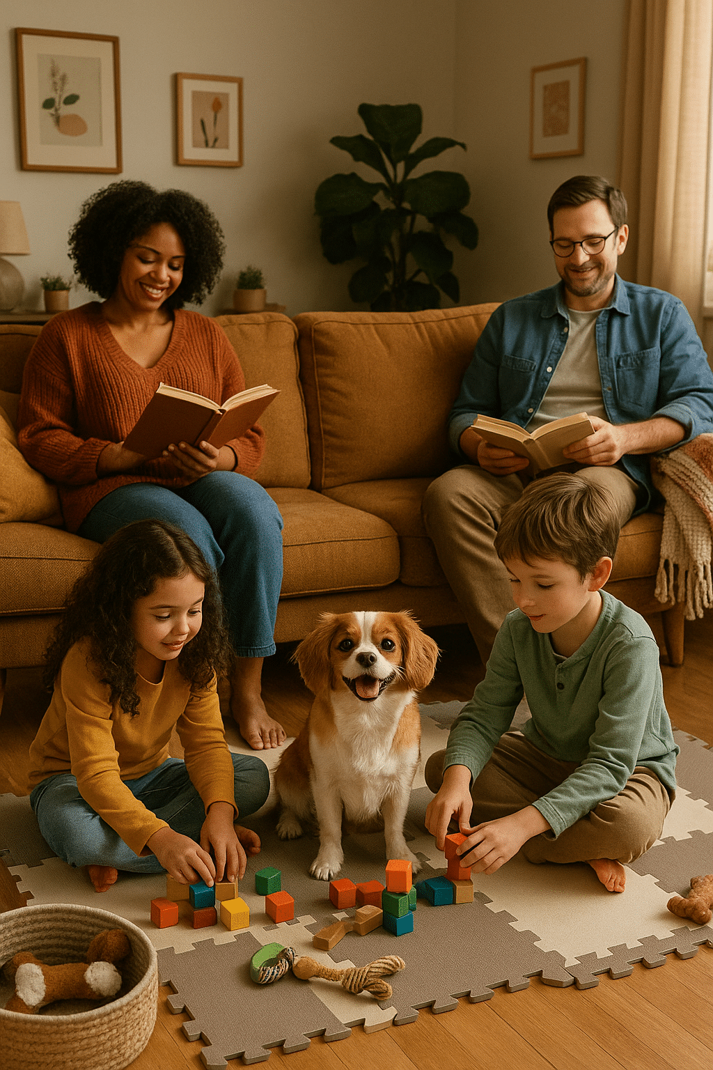 Small dog breeds in family home setting showing harmony and companionship