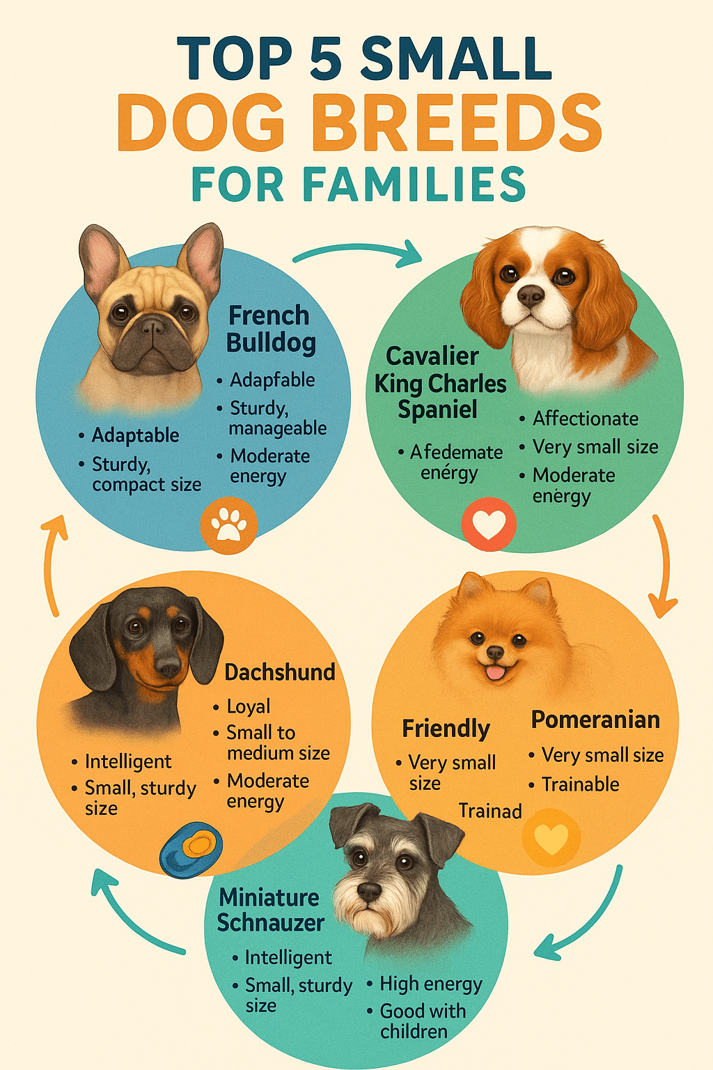 Small dog breeds infographic showing best family friendly breeds with traits and training tips