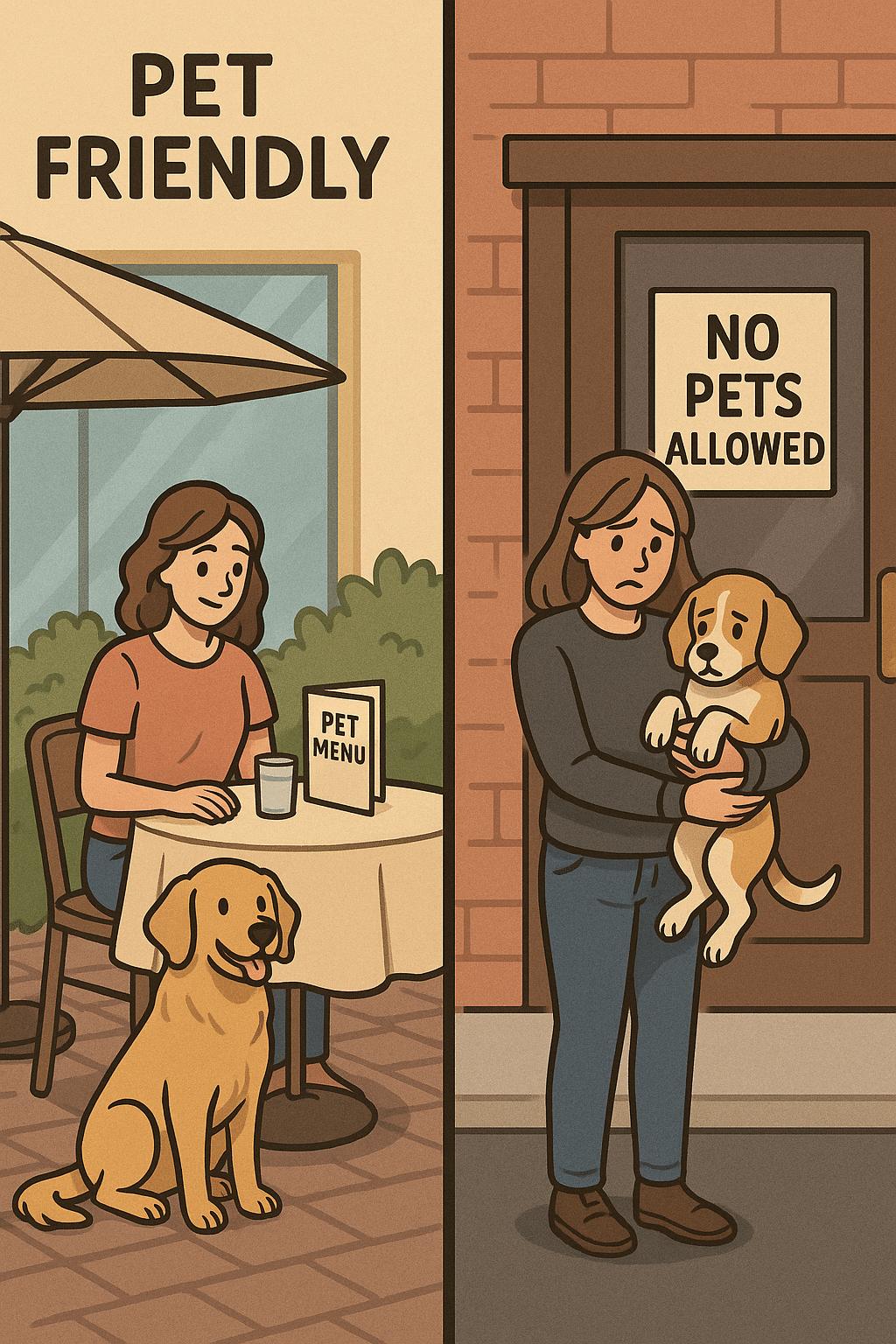 Split scene showing pet friendly restaurants near me versus non pet friendly ones with owners and do