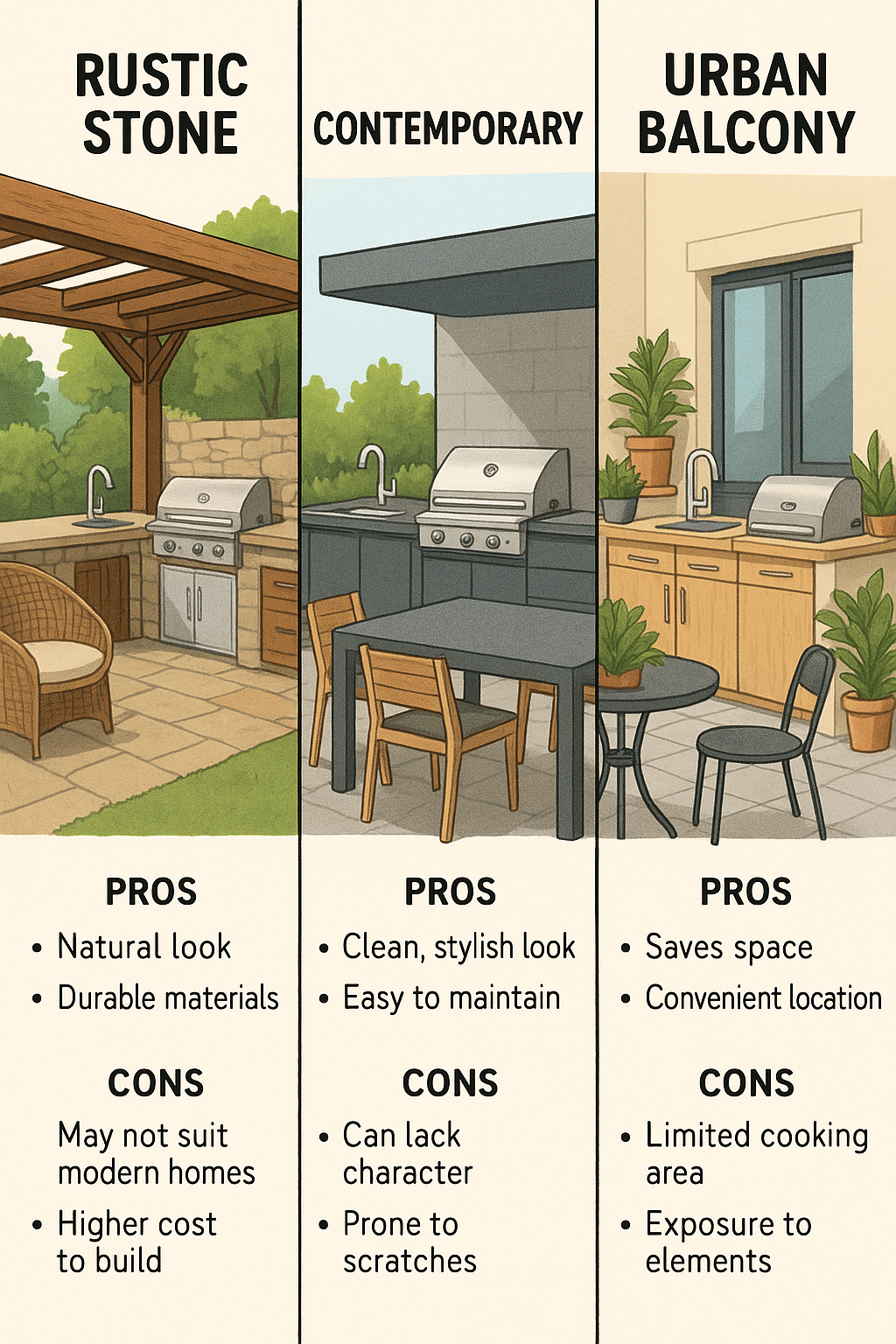 Split screen diagram showcasing three outdoor kitchen designs rustic stone contemporary stainless