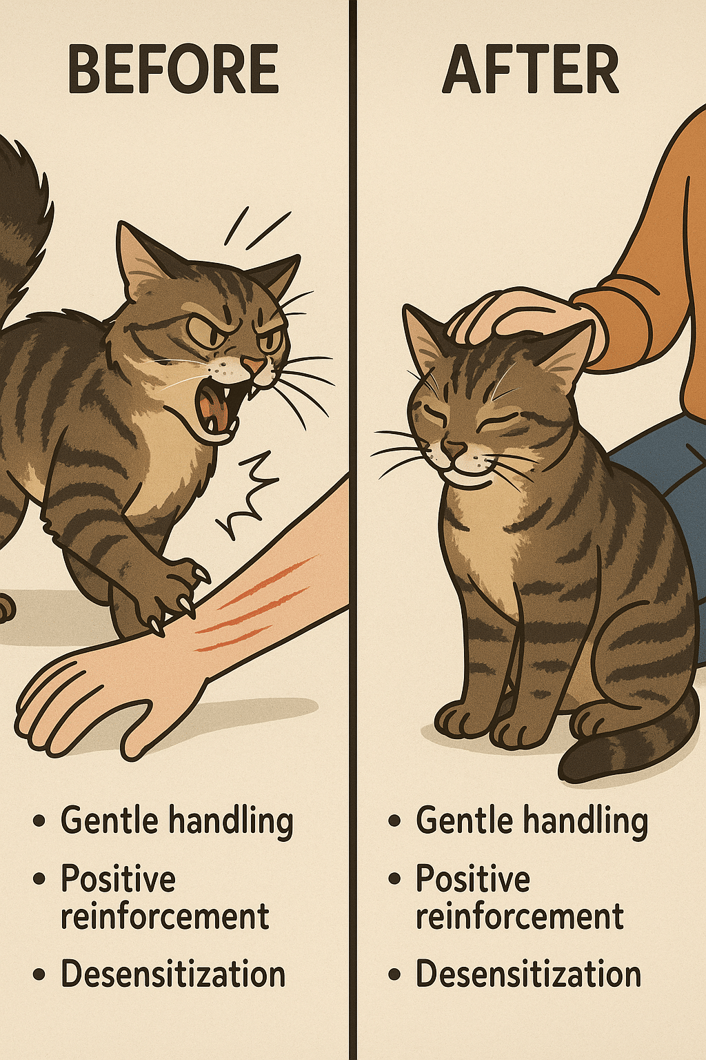 Split screen image of aggressive cat behavior problems before and after training
