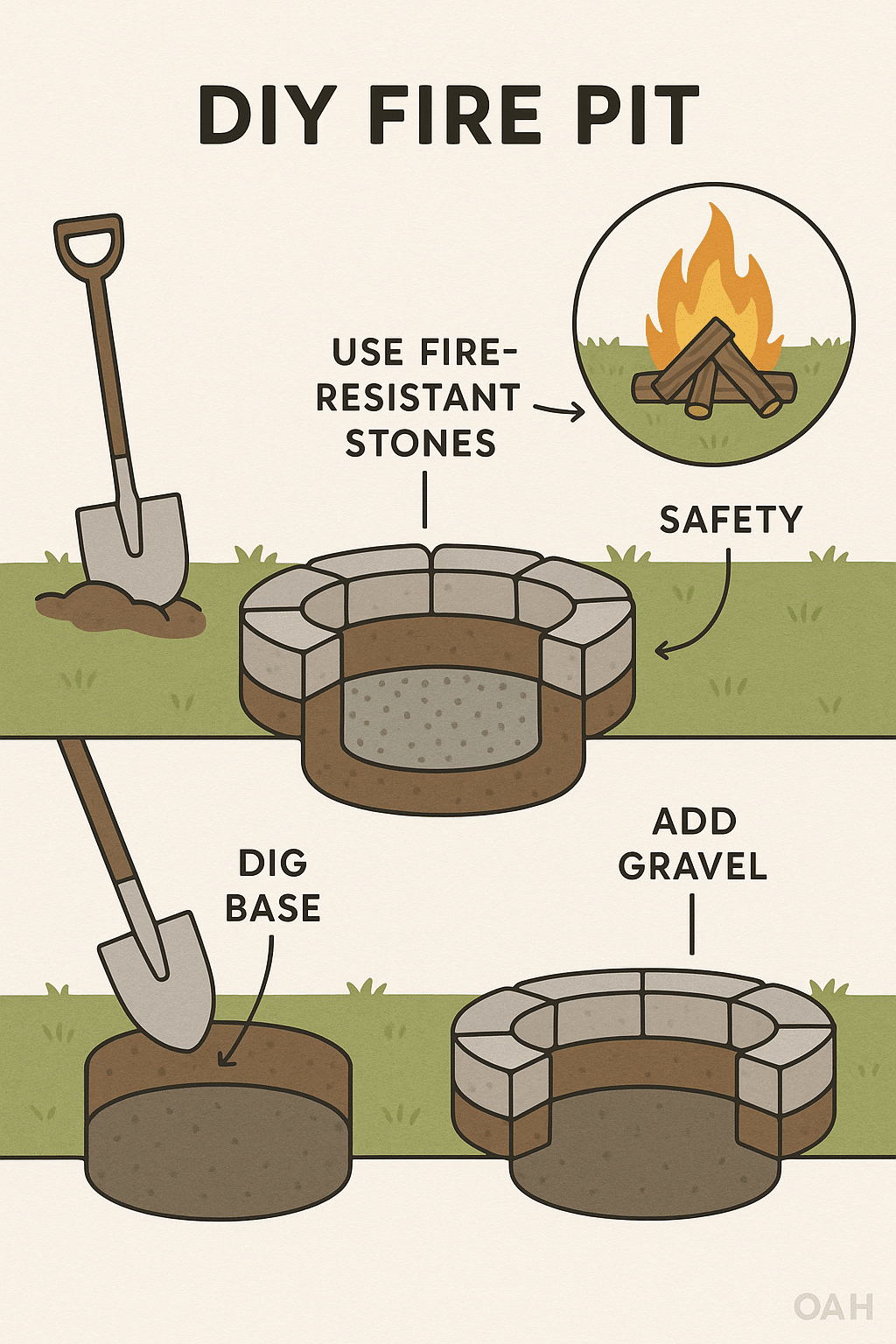 Step by step DIY fire pit construction diagram with safety and material labels