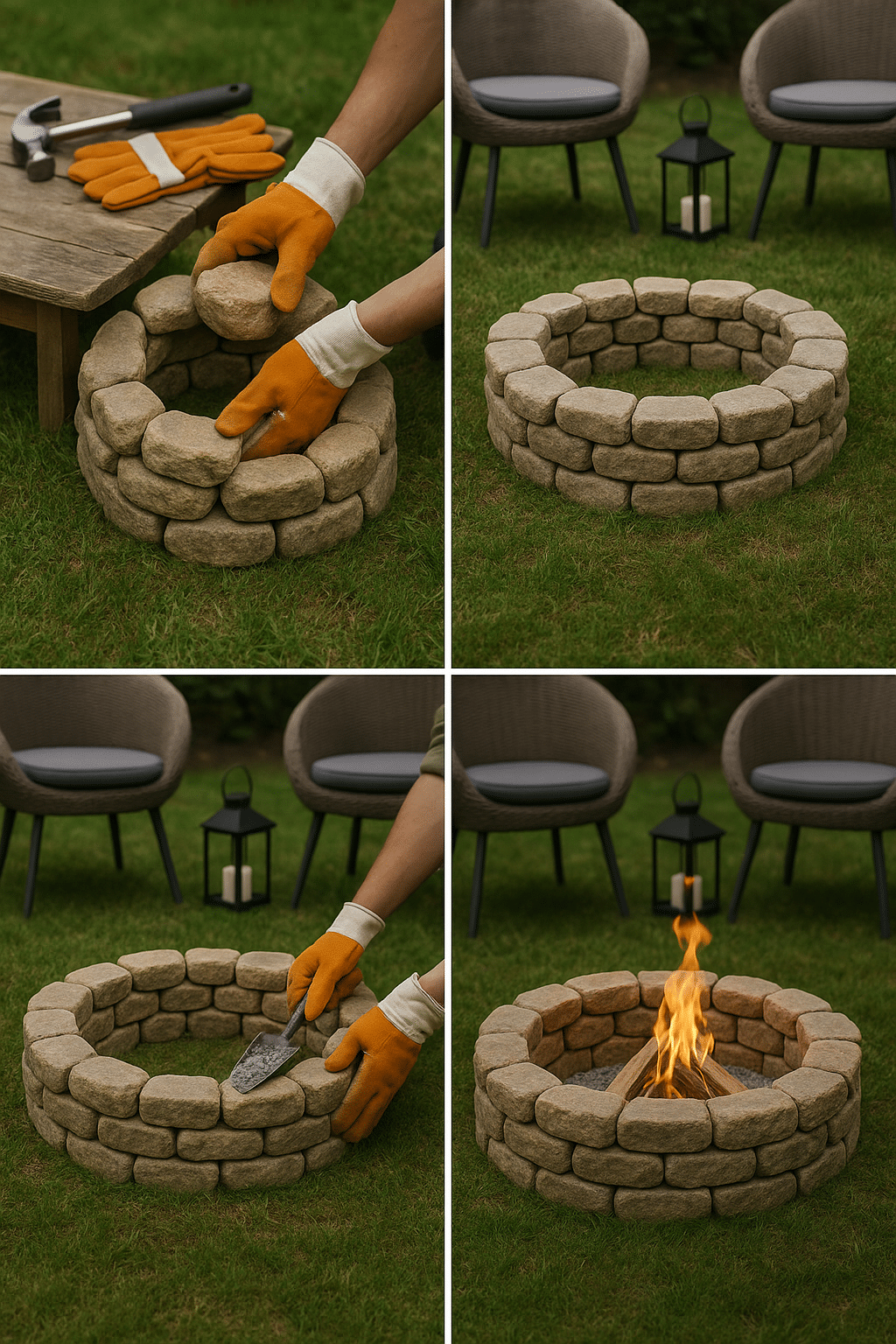 Step by step DIY outdoor living ideas for building a stone fire pit in backyard