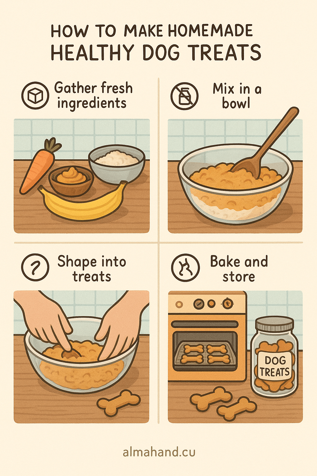 Step by step diagram for homemade healthy dog treats with fresh natural ingredients