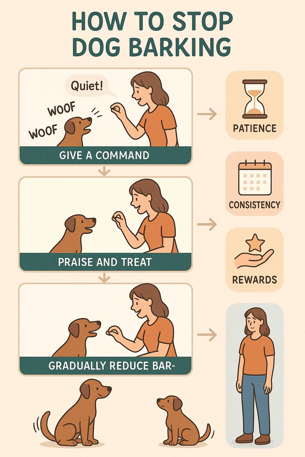 Step by step flowchart demonstrating how to stop dog barking using positive reinforcement training