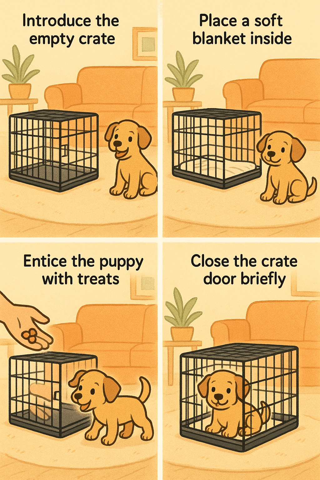 Step by step flowchart illustrating crate training a puppy for pet owners